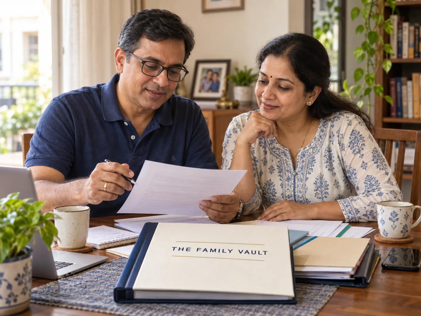 Indian couple organizing important family documents together using The Family Vault.