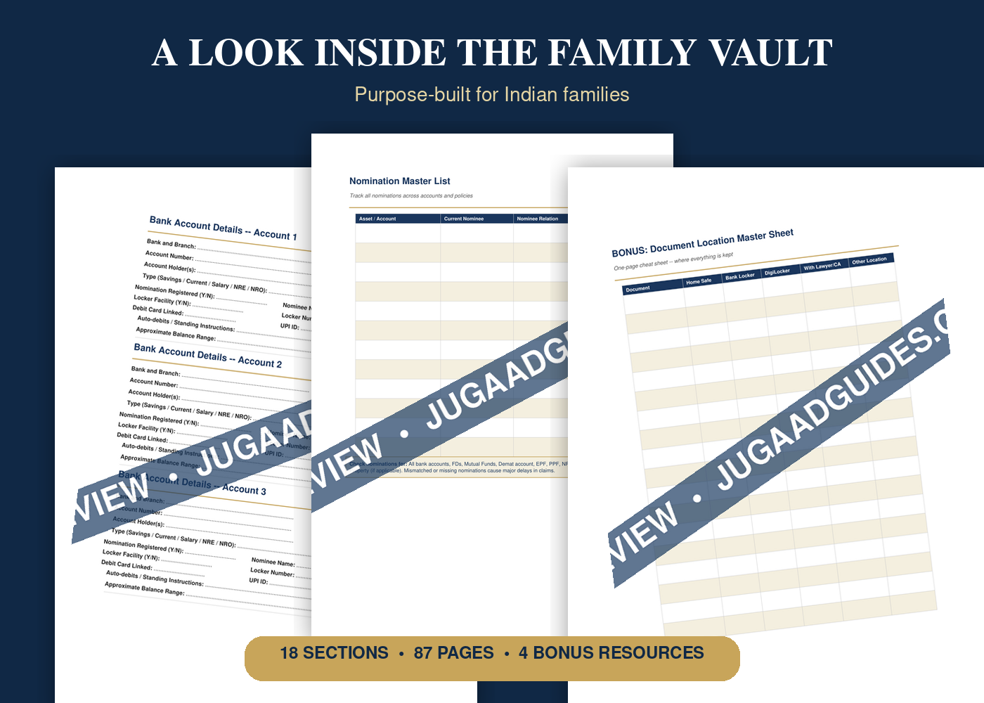 Preview collage showing real interior pages from the Family Vault India Edition.