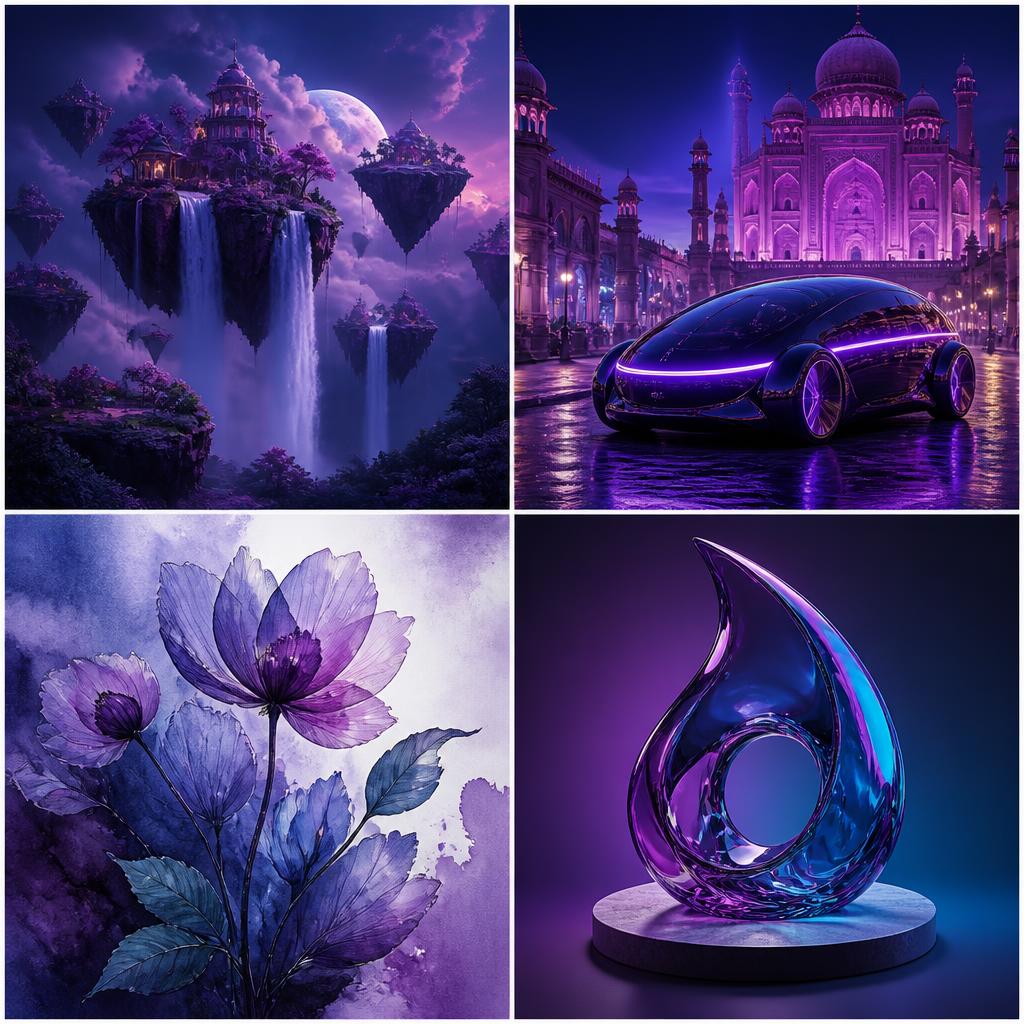 Four original AI art examples: surreal landscape, future vehicle, watercolor and product concept