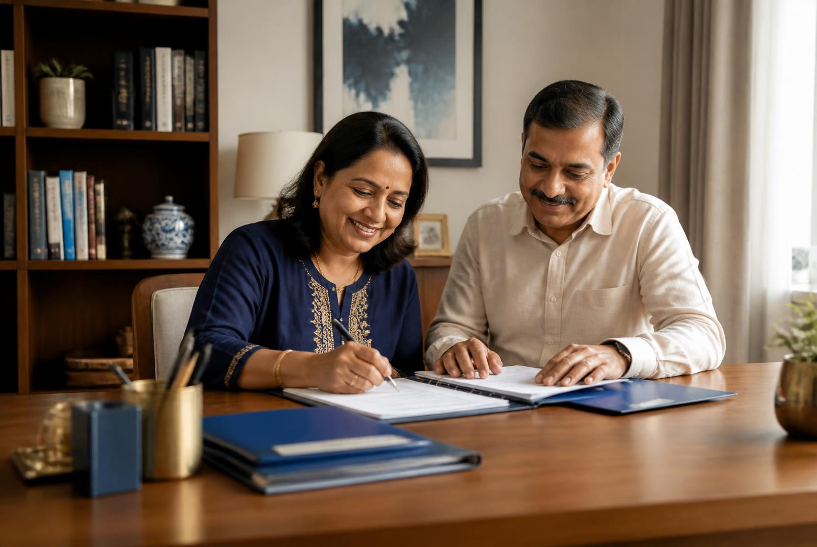 An Indian couple in their fifties calmly completing their family document organizer together