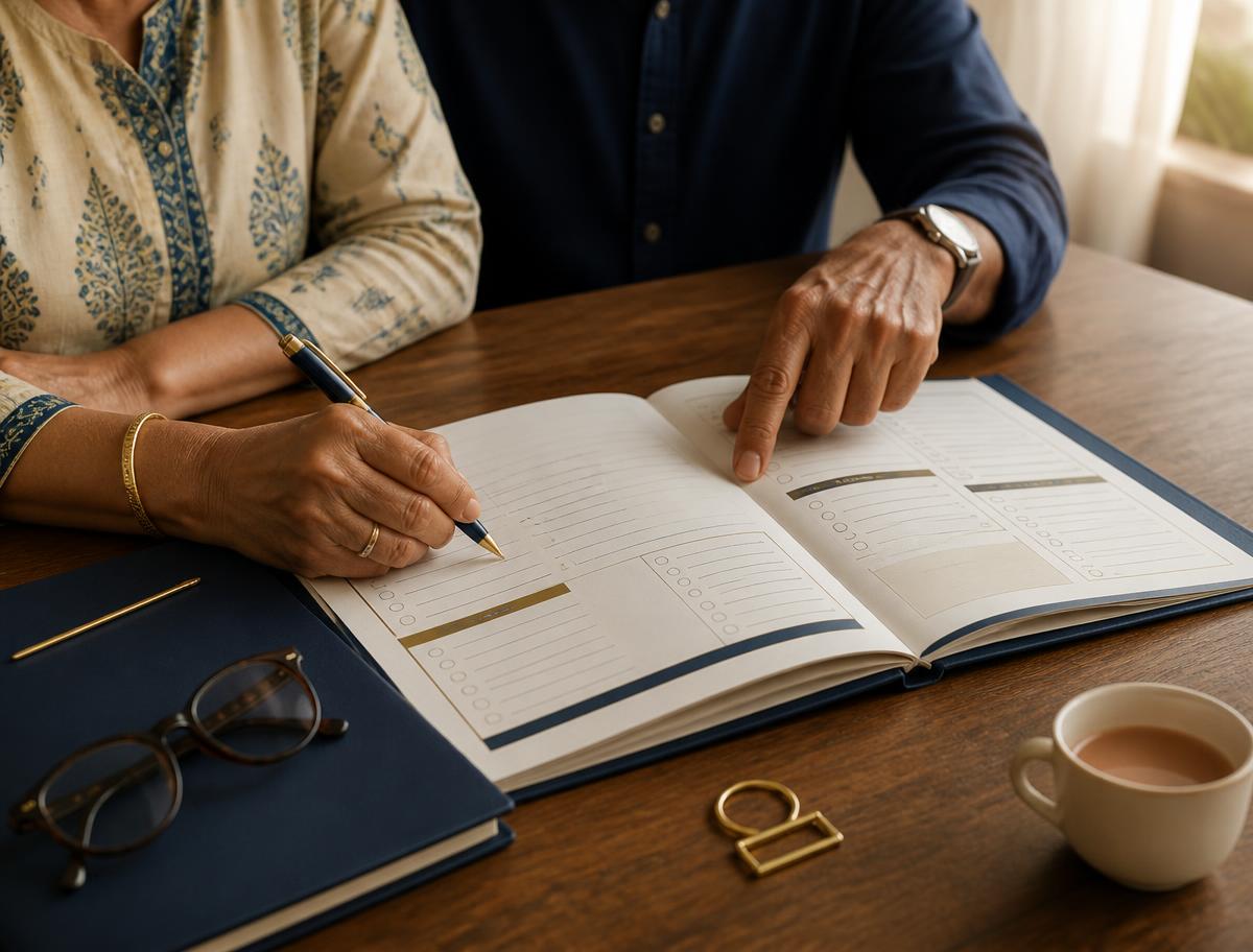 A couple filling in a family document organizer together at home