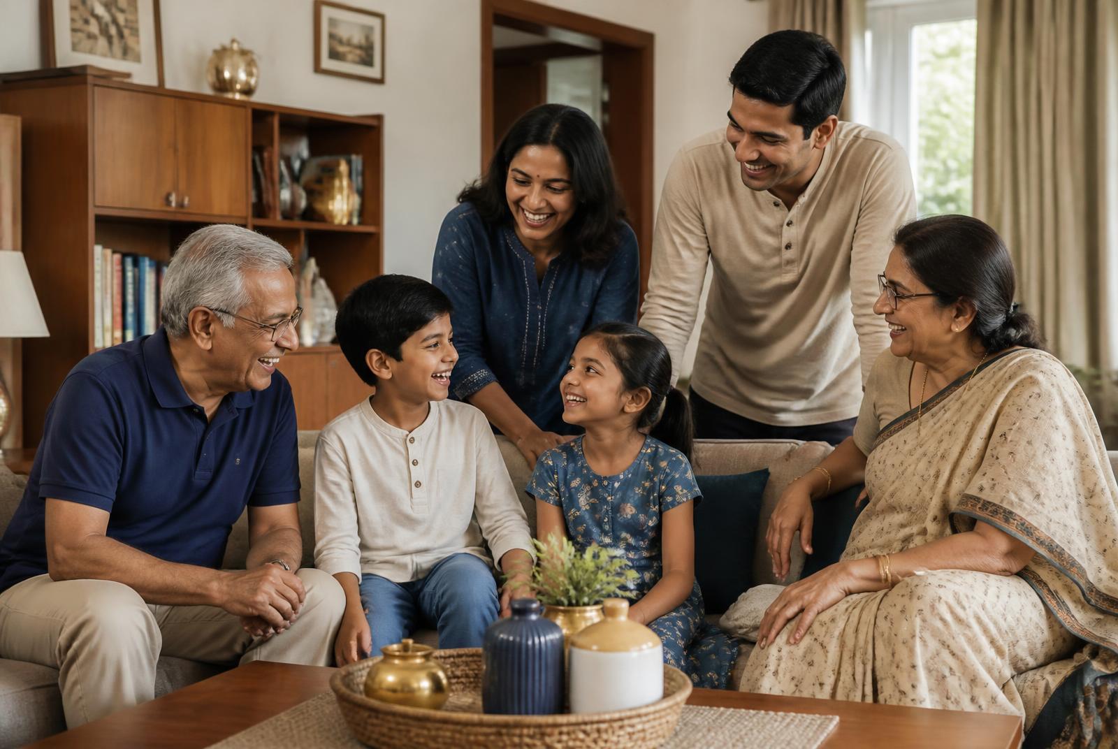 A happy multigenerational Indian family laughing together in their living room