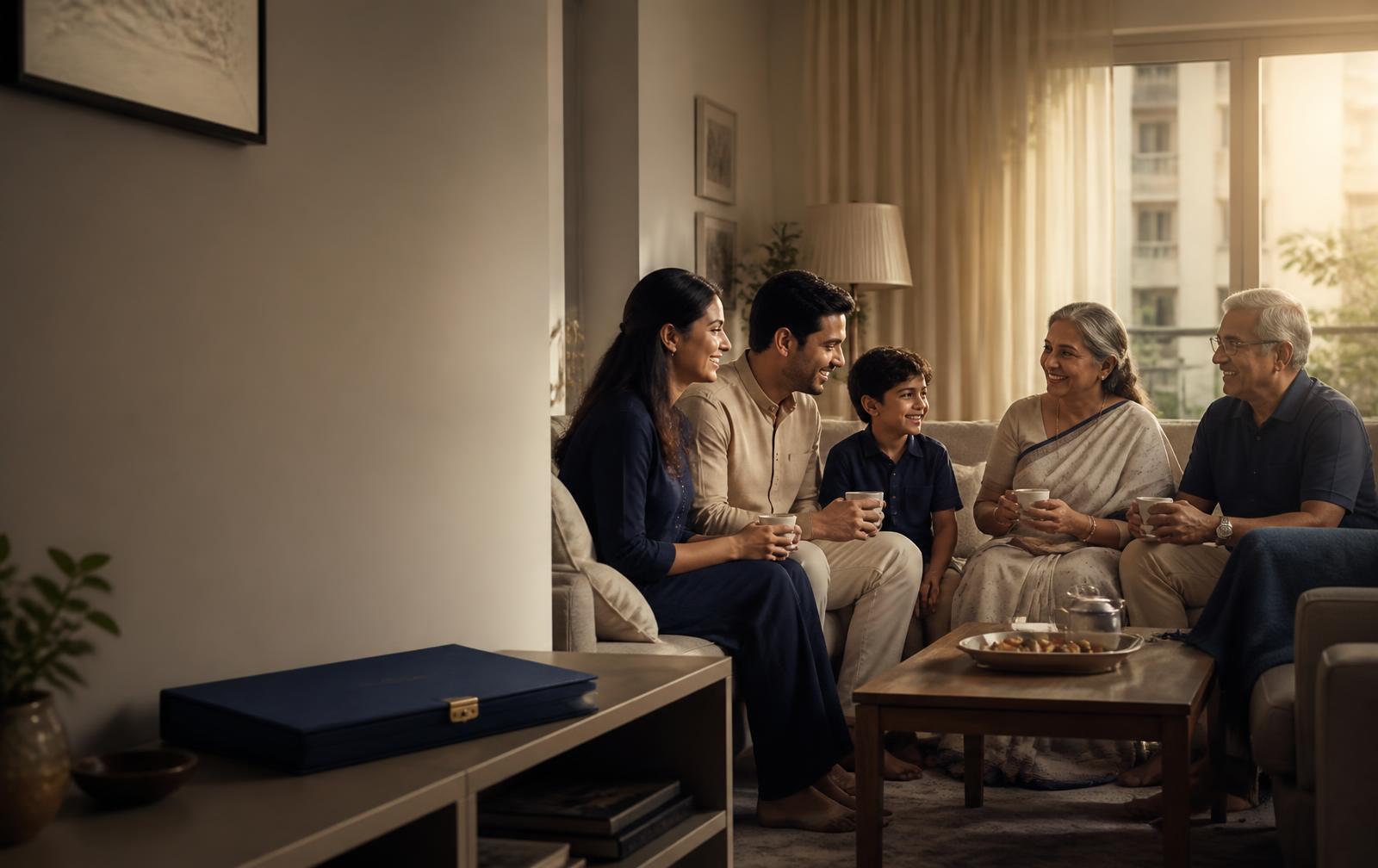 A relaxed multi-generational Indian family spending time together after organizing their documents