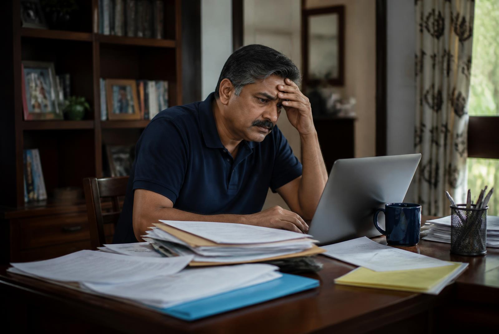 A stressed middle-aged Indian man trying to organize scattered family documents at his desk