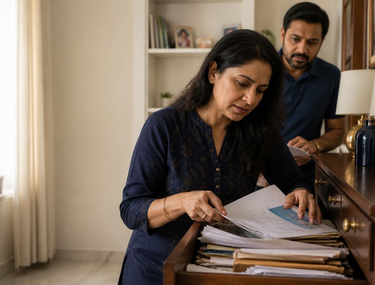 A couple searching through a crowded drawer of household papers