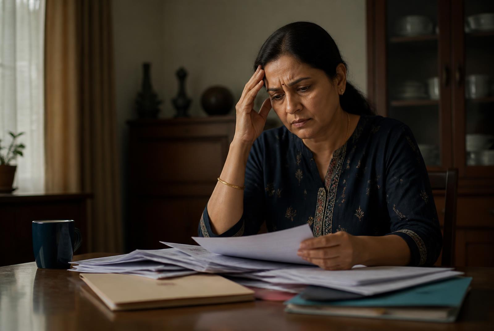 A worried Indian woman sitting alone with a confusing pile of family documents